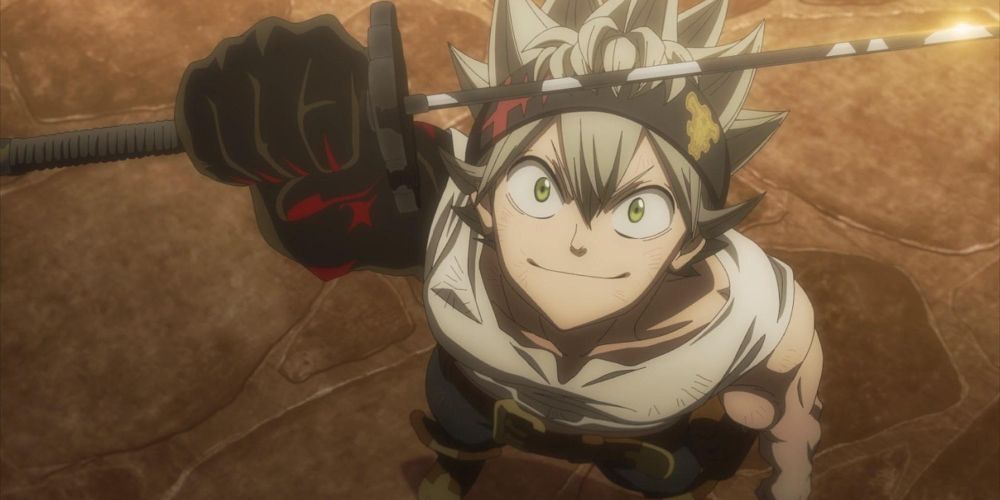 Asta holds his sword high and looks up in Black Clover