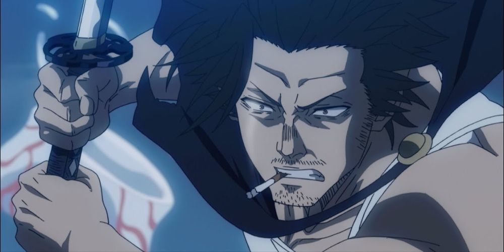Yami smokes while holding a sword in Black Clover