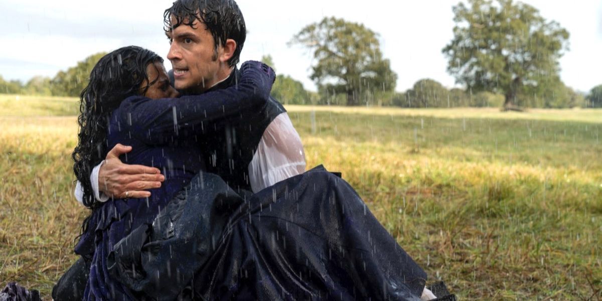 Anthony carrying Kate after her accident in the rain in Bridgerton