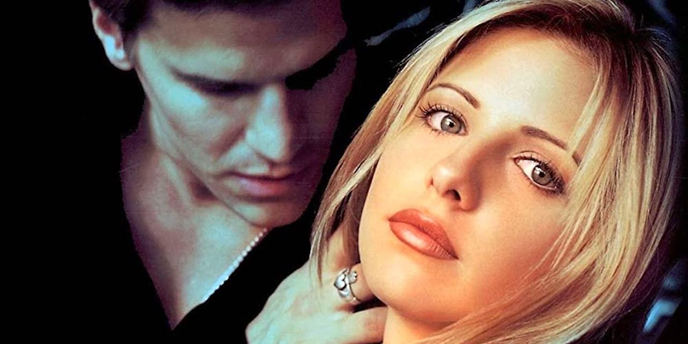 Buffy and Angel pose for a promo image for Buffy The Vampire Slayer 