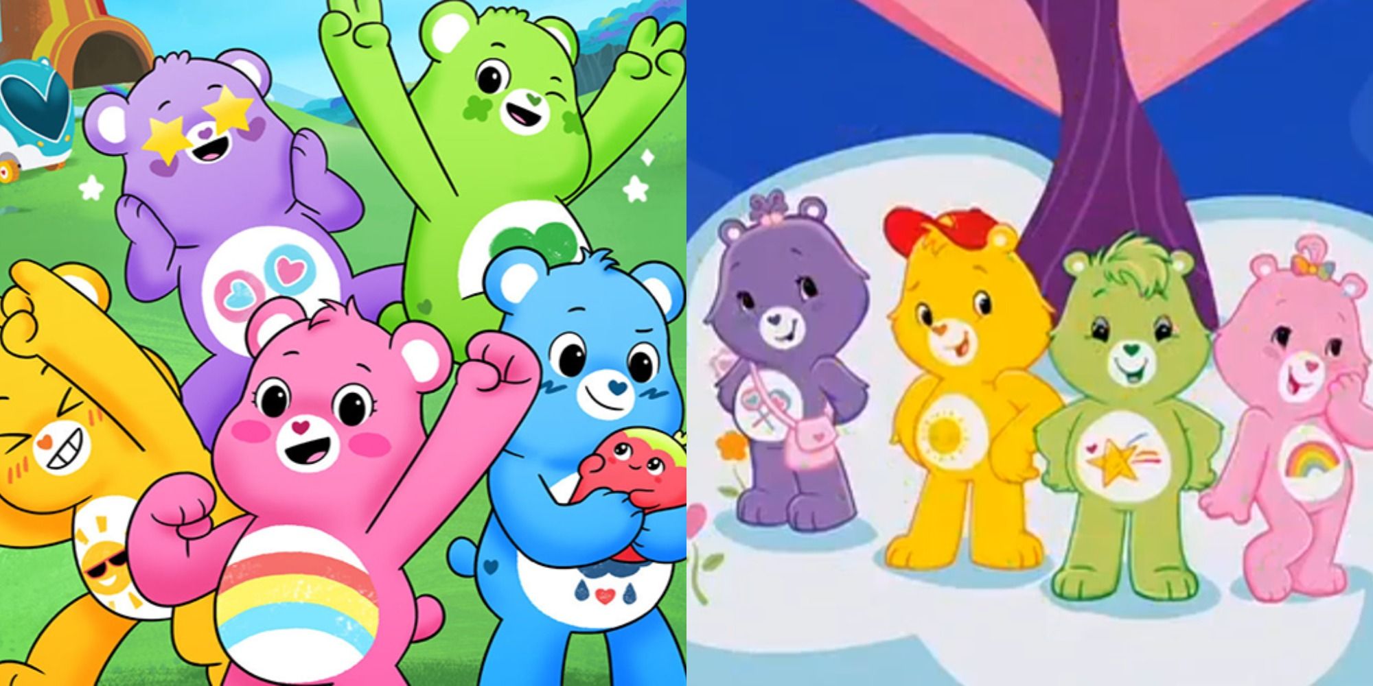 Split image of Care Bears from Care Bears Unlock The Magic and the 90s cartoon