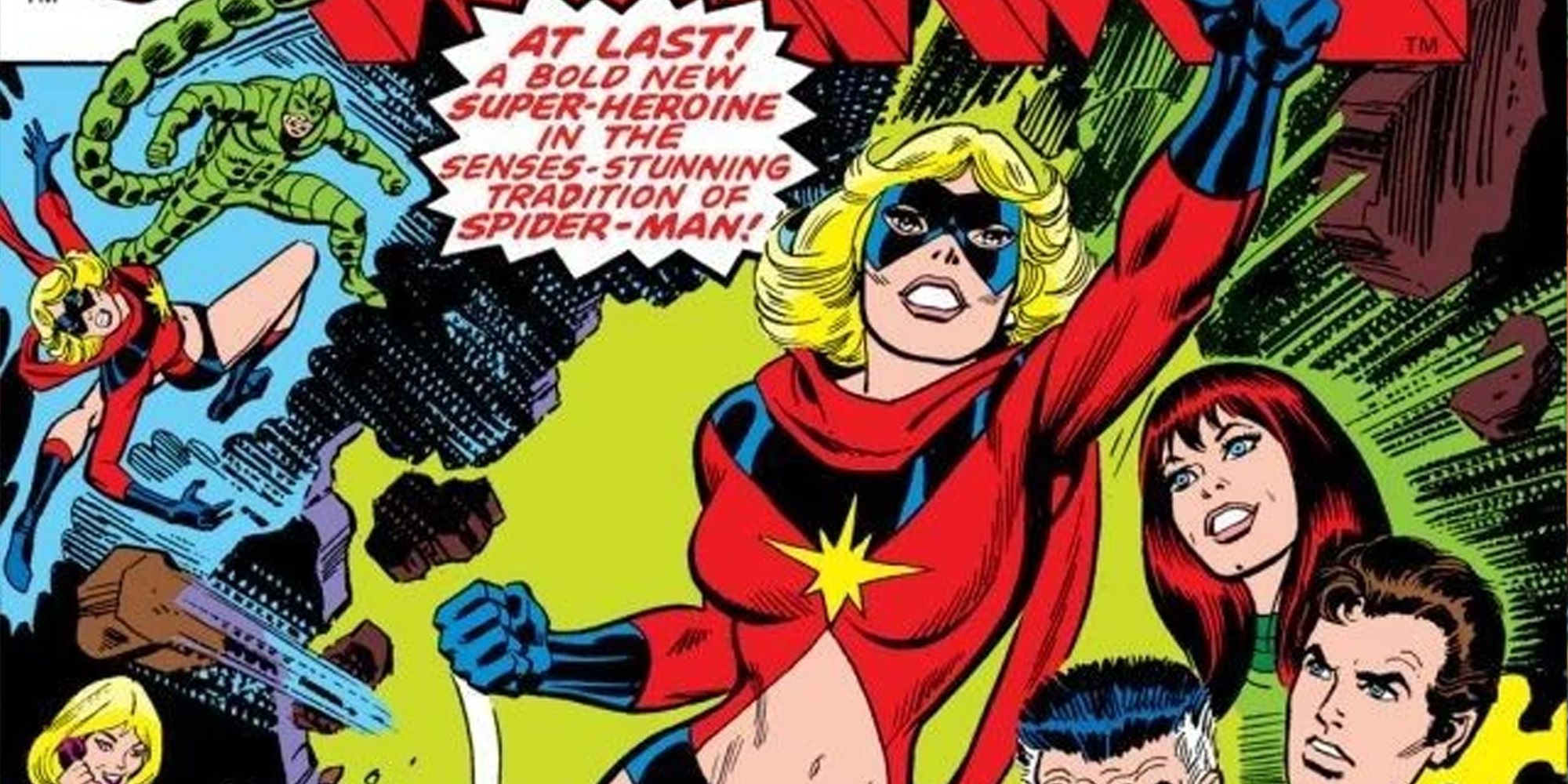 An image of Captain Marvel about to fly in the Marvel Comics