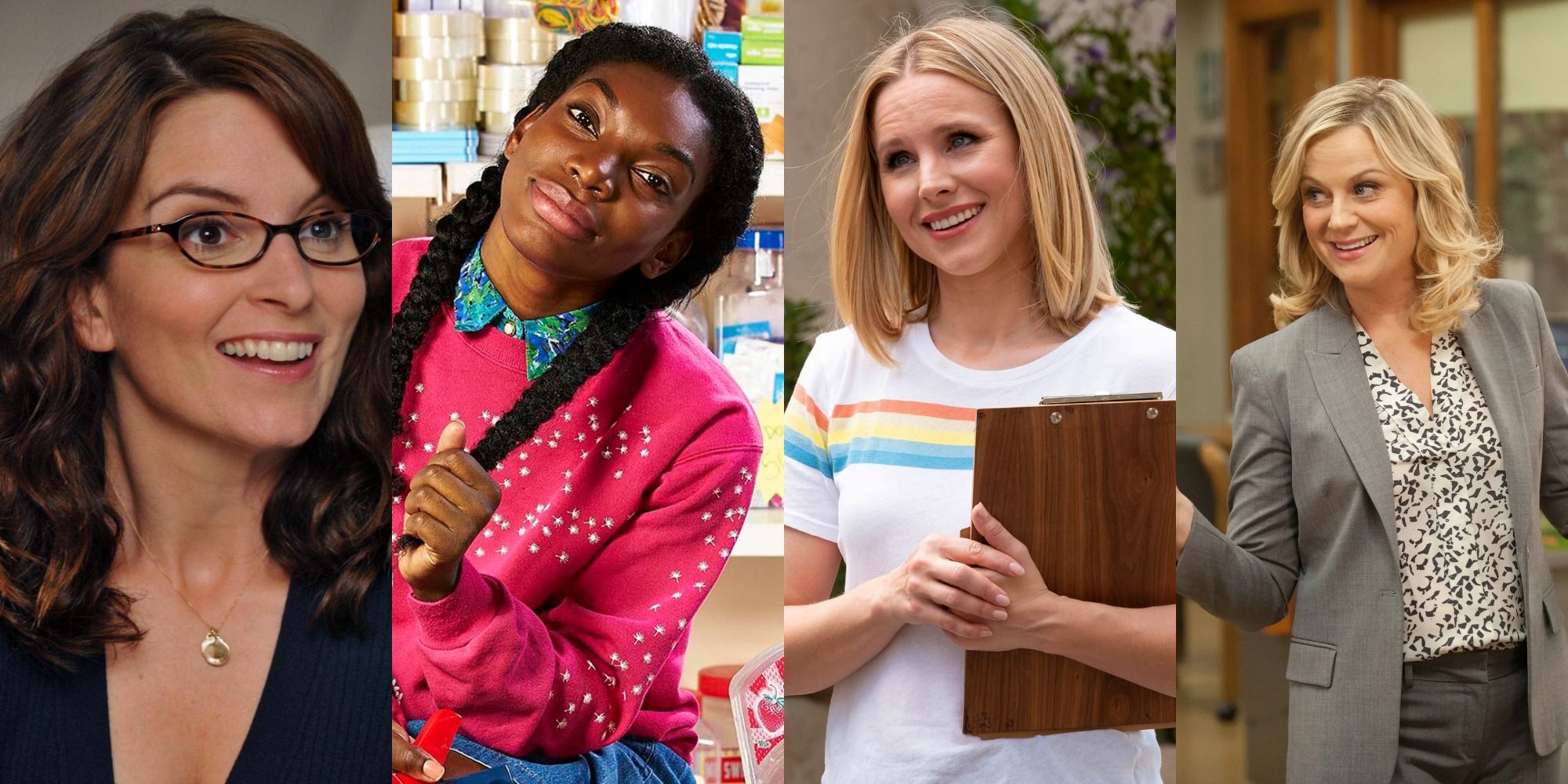 combined images of Tina Fey, Michaela Coel, Kristen Bell, and Amy Poehler in various sitcoms