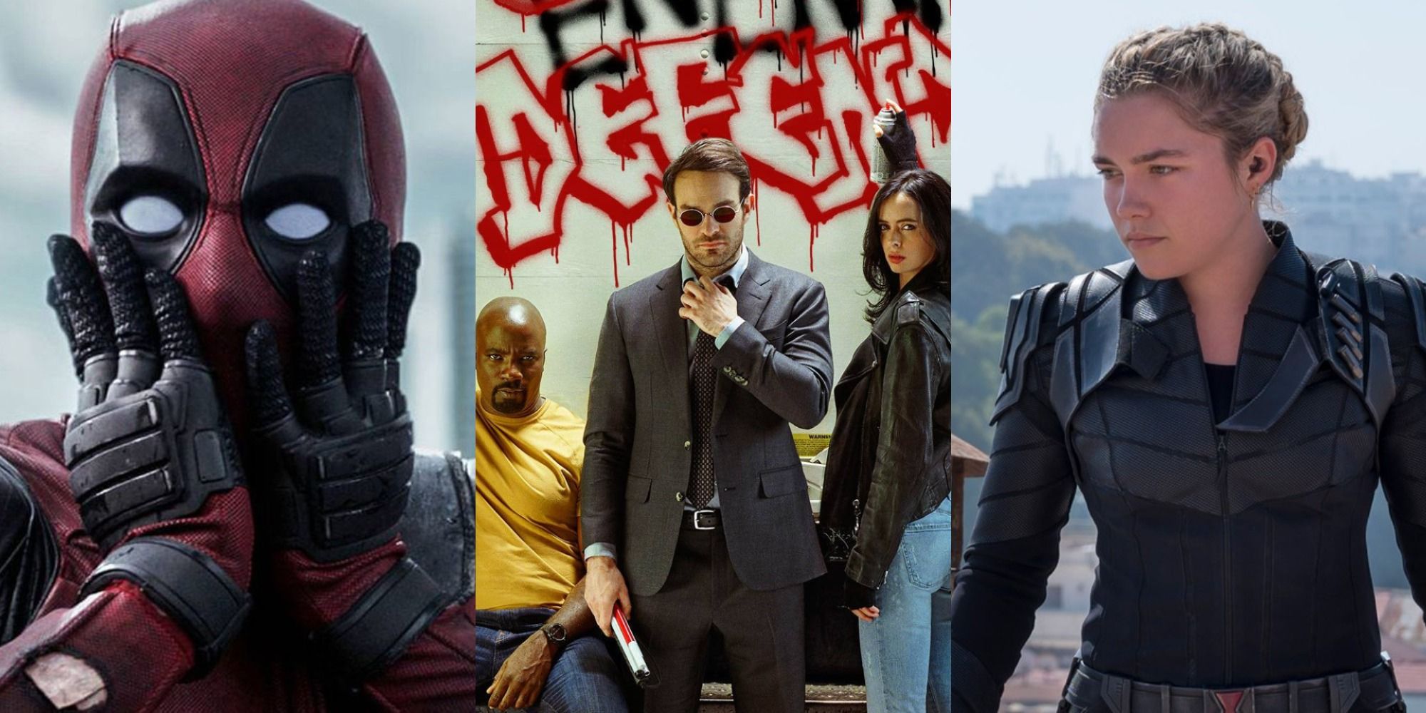Side by side image of Deadpool, Marvel's Defenders, and Yelena Belova