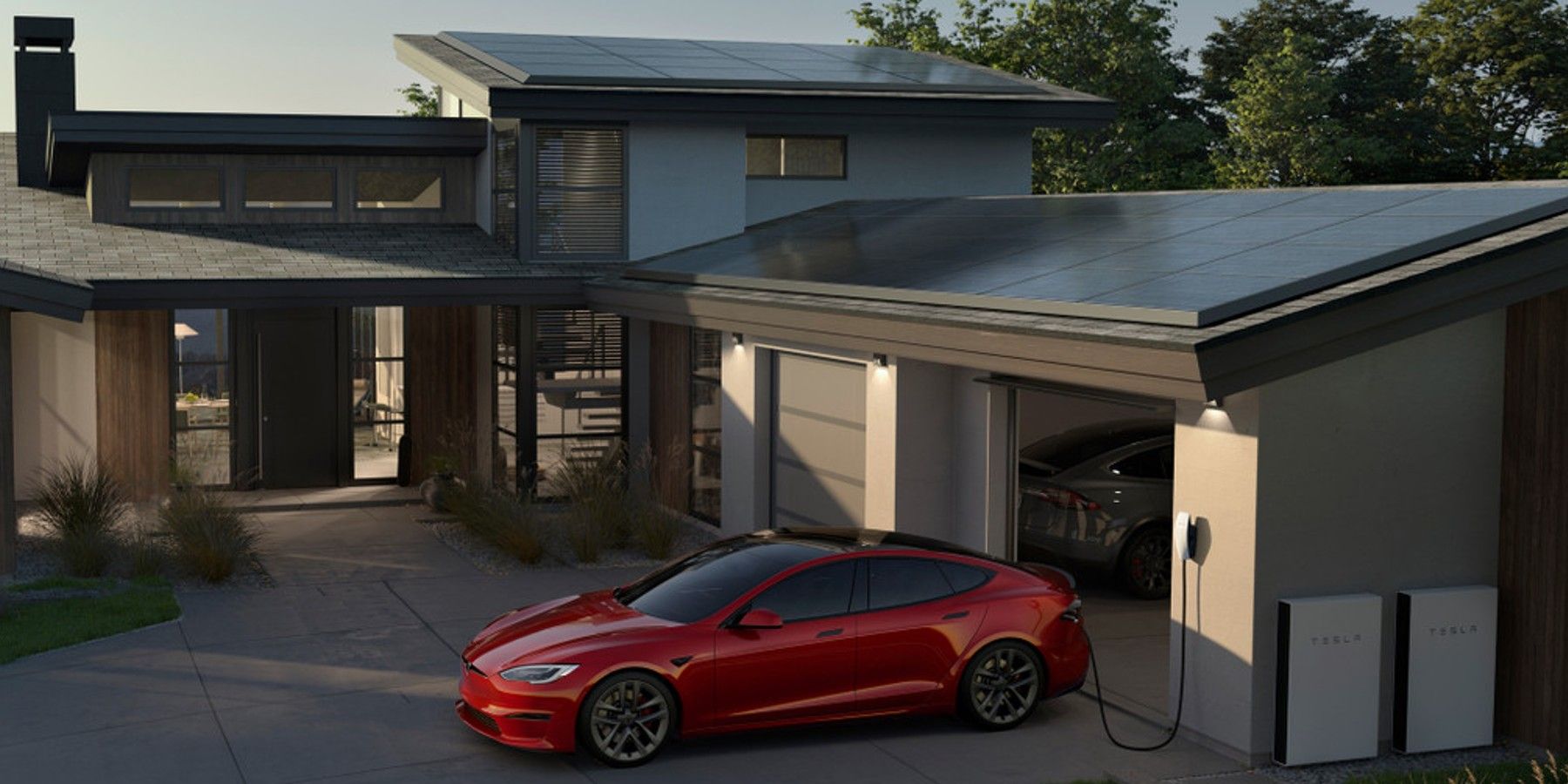 Tesla car, solar roof, and Powerwall.