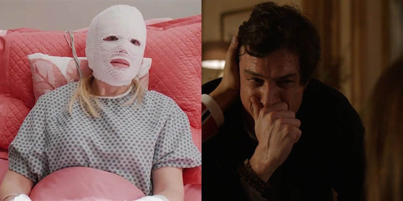Split image of Alexis from Dynasty with her face wrapped in the hospital and Steven crying.
