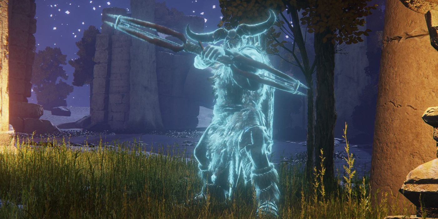 A ghostly enemy aims an arrow straight at the camera on a forest and ruins background