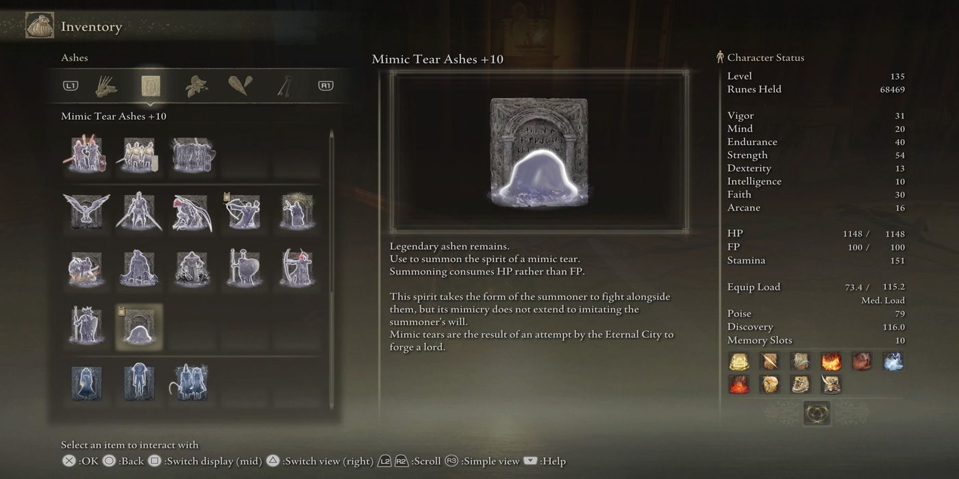 Elden Ring's Mimic Tear spirit ash description.