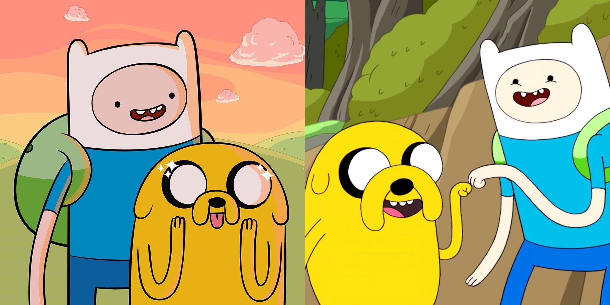 Two side by side images of Finn and Jake in Adventure Time