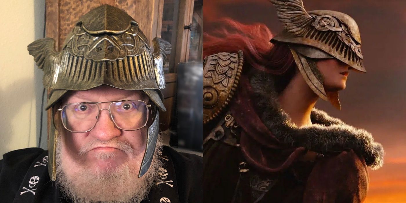 George R. R. Martin celebrating Elden Ring's success with Malenia's helmet, and Malenia in the story trailer.