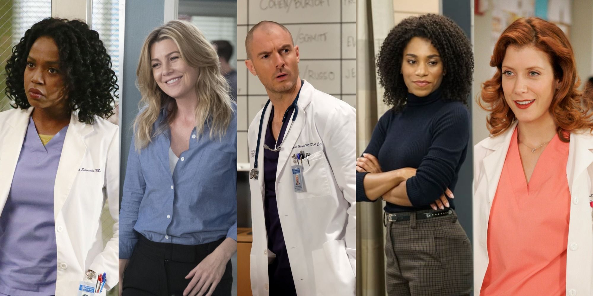 Side by side images of Stephanie, Meredith, Cormac, Maggie & Addison in Grey's Anatomy