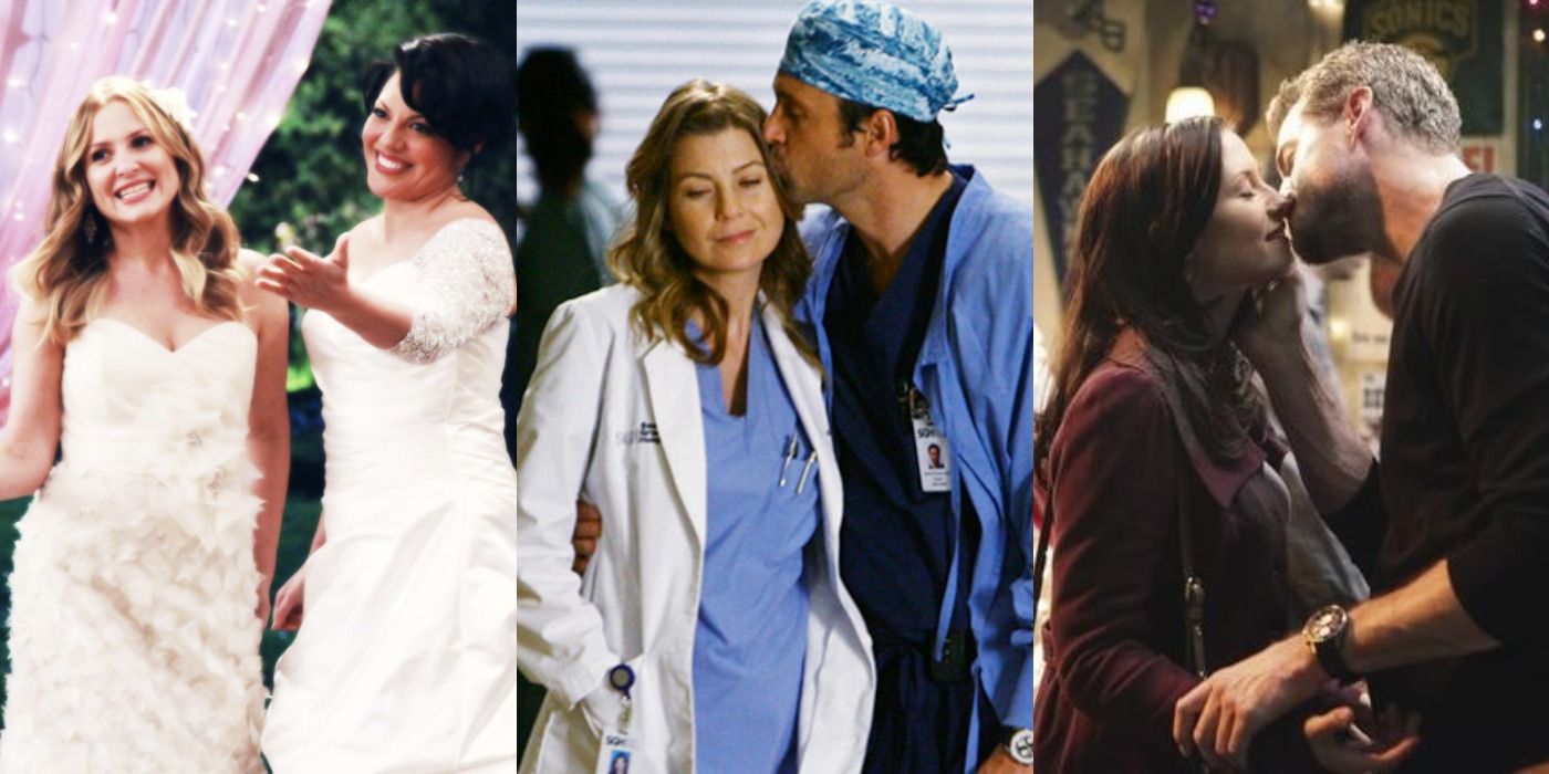 Split image of popular Grey&rsquo;s couples; Callie &amp; Arizona, Meredith &amp; Derek, and Mark &amp; Lexie