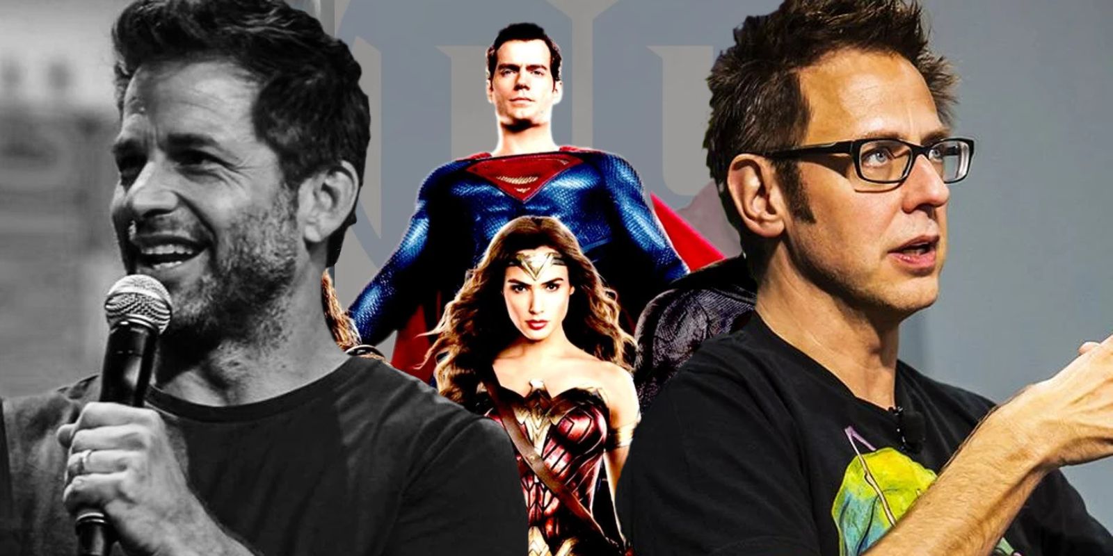 Blended image of Zack Snyder, the DCEU Justice League and James Gunn