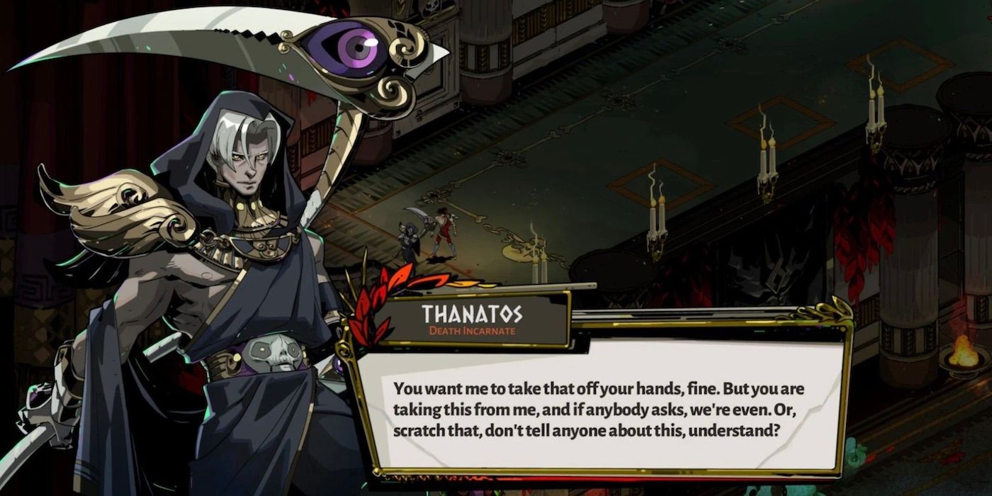 Uma captura de tela de Thanatos conversando com Zagreus no jogo Hades