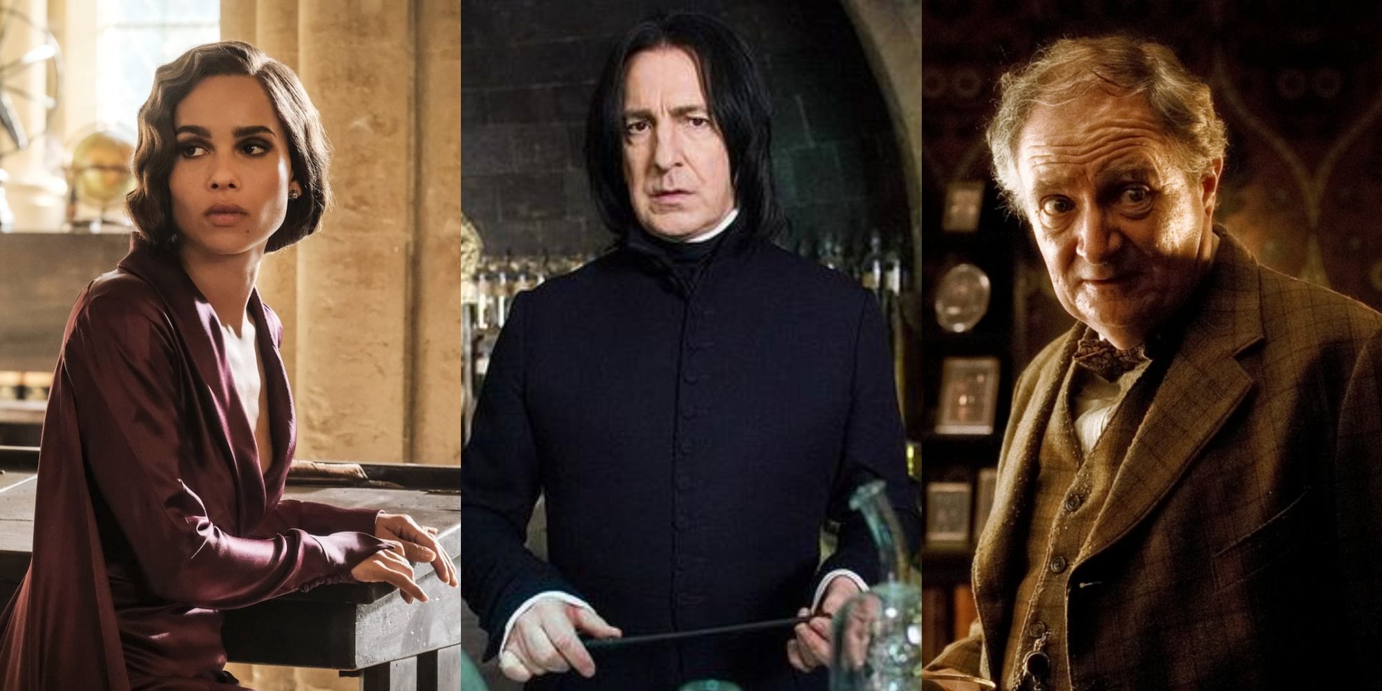 Side by side image of Leta Lestrange, Severus Snape, and Horace Slughorn