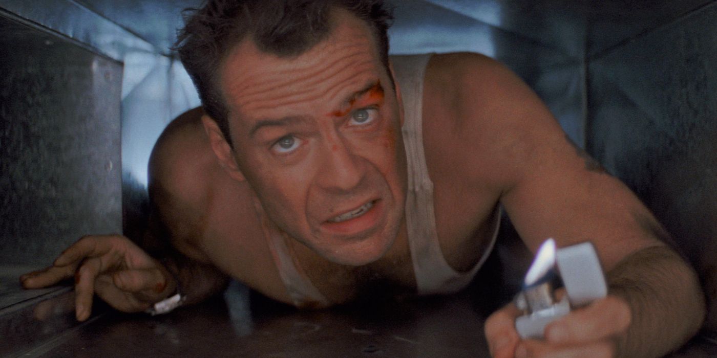 Bruce Willis crawling through a vent in Die Hard