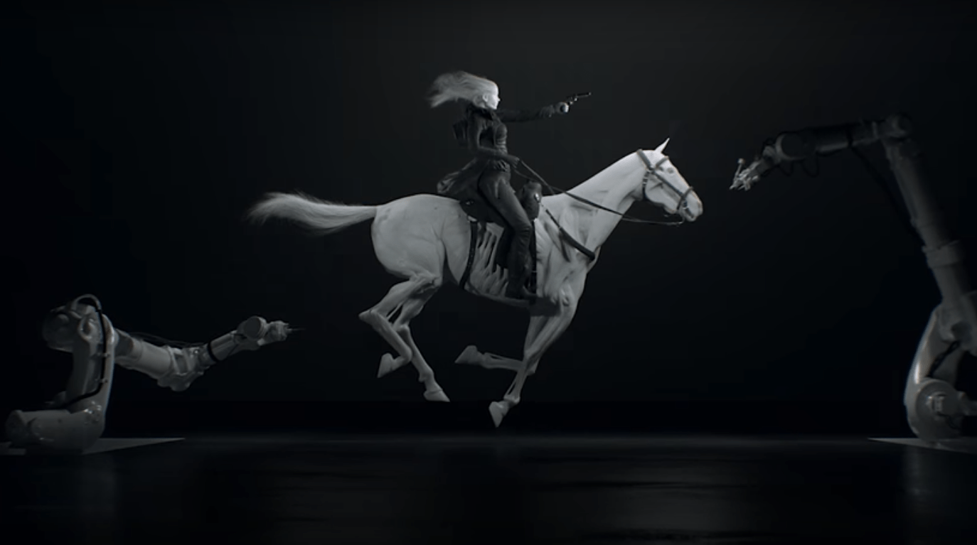 Black and White Picture of a person riding a horse in the Westworld opening credits