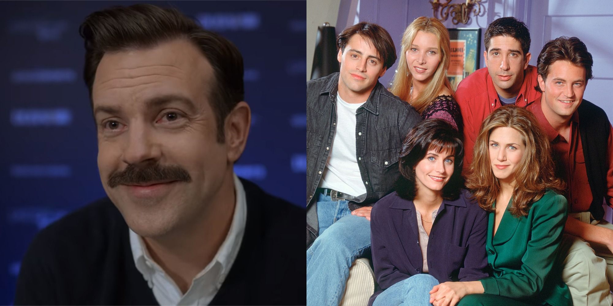 Split image of Jason Sudeikis in Ted Lasso and the main cast of Friends