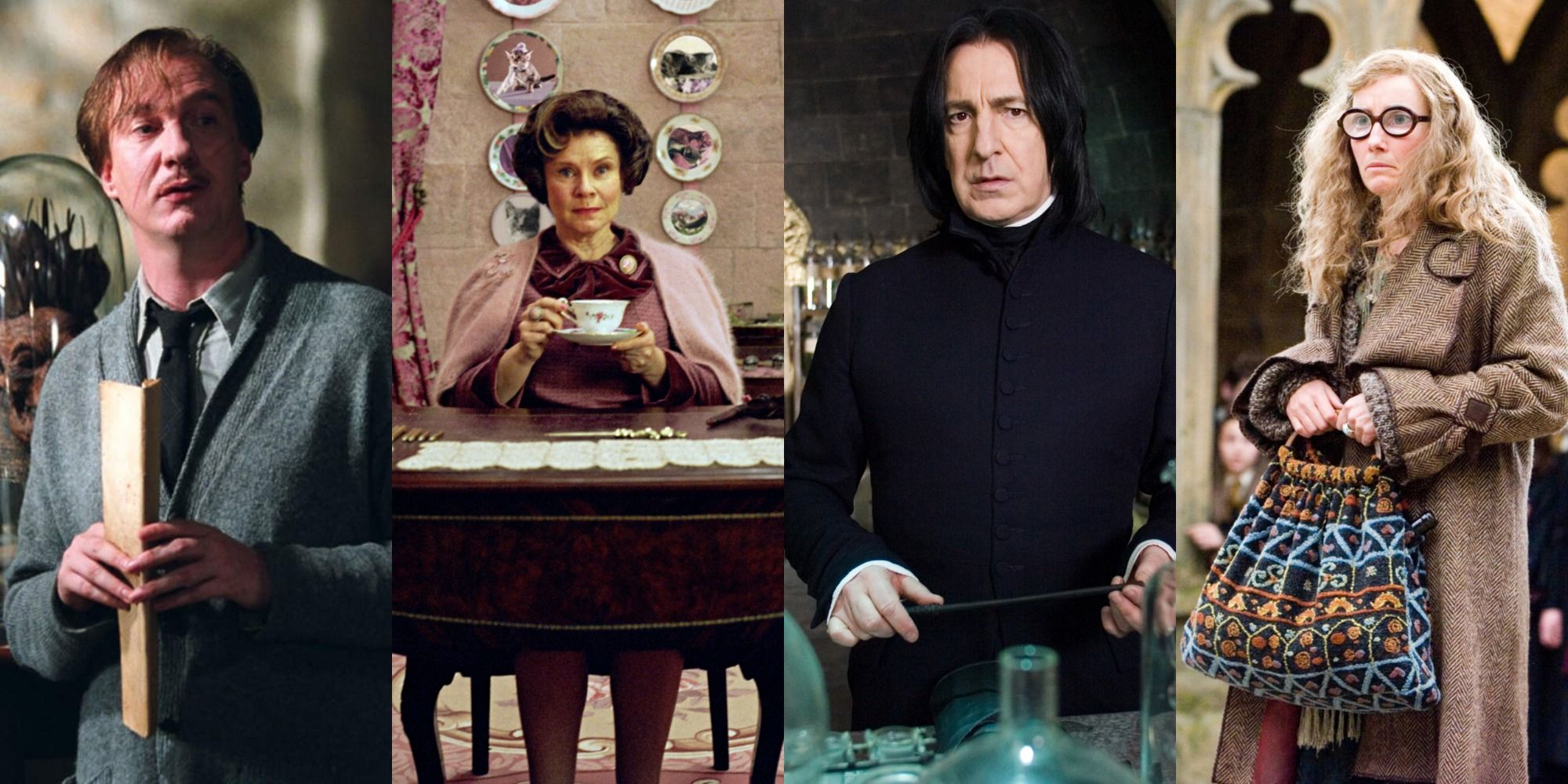 Side by side images of Professors Lupin, Umbridge, Snape, and Trelawney in Harry Potter
