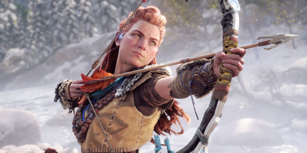 Aloy shoots an arrow in Horizon Forbidden West