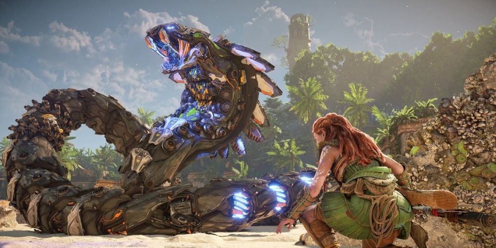 Aloy fights a Slitherfang in Horizon Forbidden West
