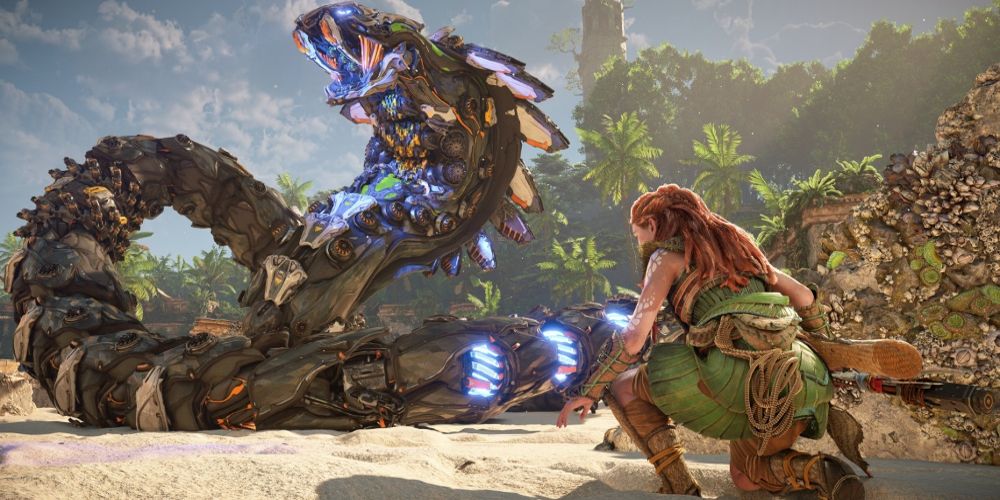 Aloy fights Slitherfang in Horizon Forbidden West