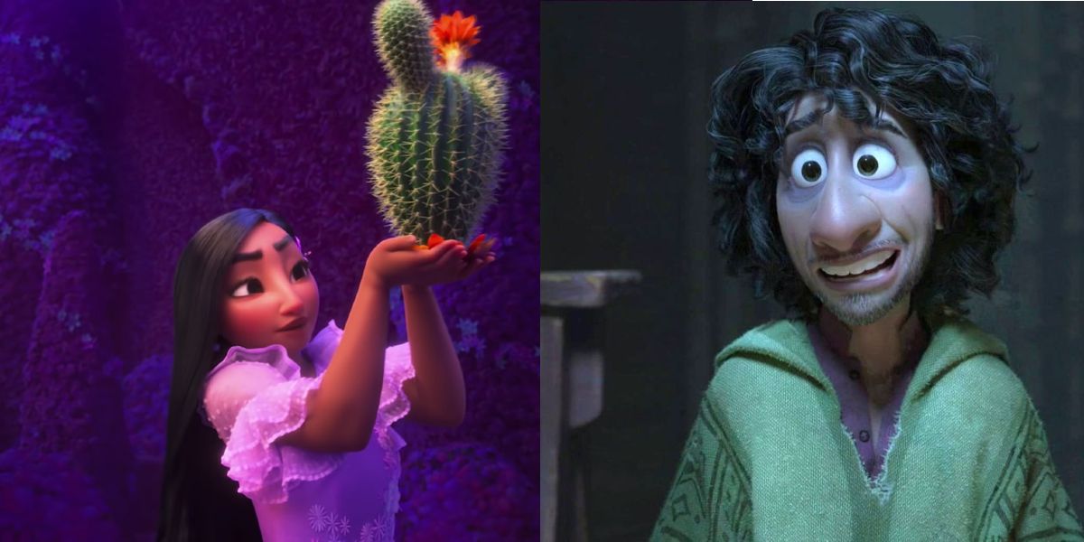 Split image of Isabela holding a cactus and Bruno from Encanto