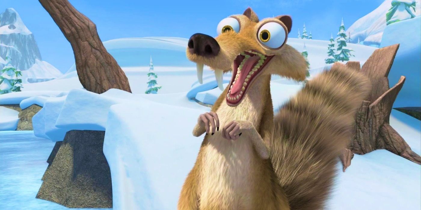 Scrat gives a surprised expression amid an icy environment.