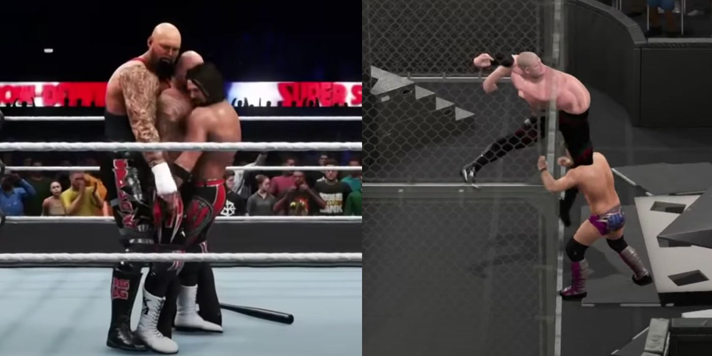 Split image of the OC hugging awkwardly and Kane mutating into the fence in WWE 2K