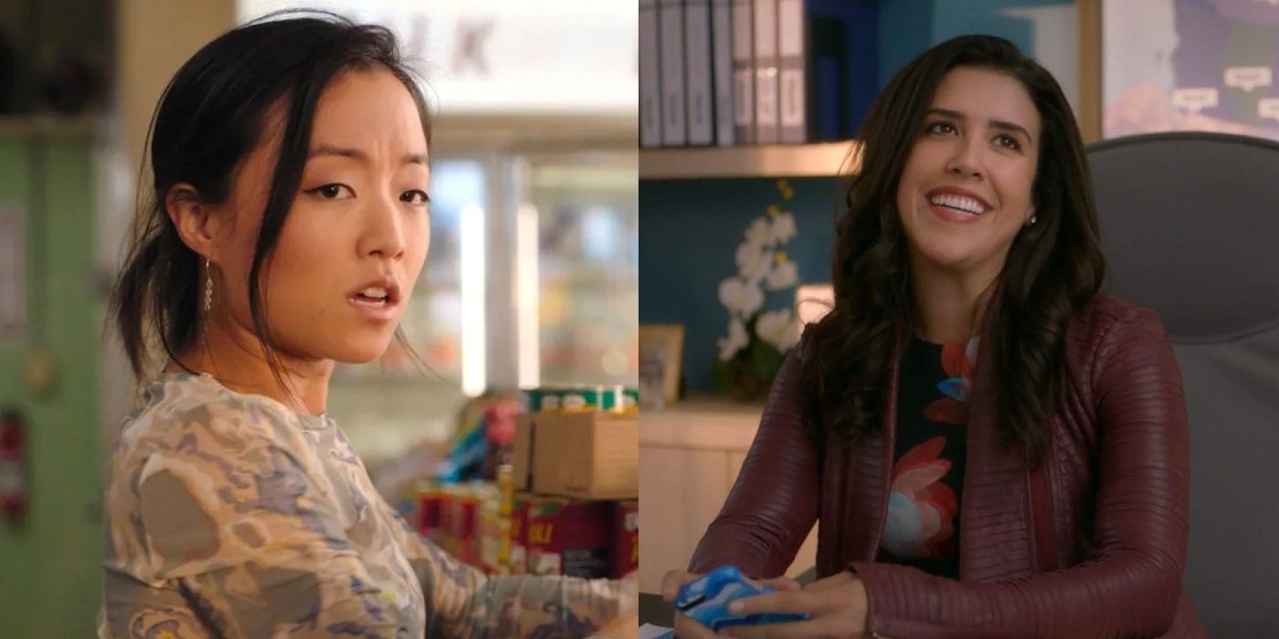 Janet stocks a shelf and Shannon smiles at her desk in Kim's Convenience