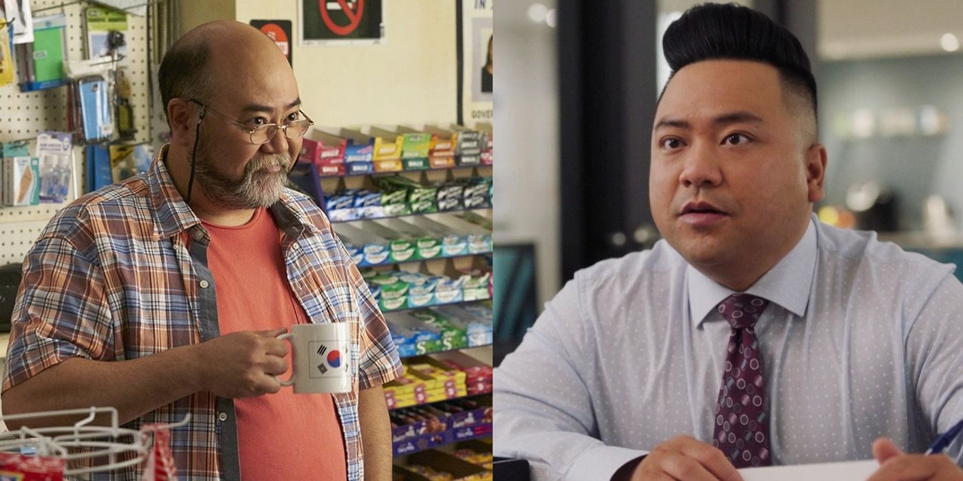 Split image where Appa holds a coffee mug and Kimchee holds a document in Kim's Convenience