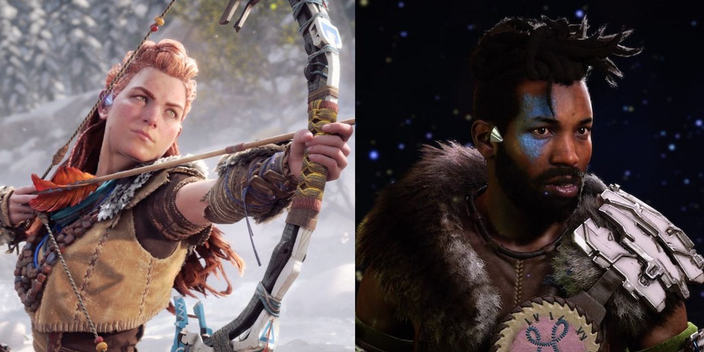 Aloy aims an arrow and Varl stands in darkness in Horizon Forbidden West