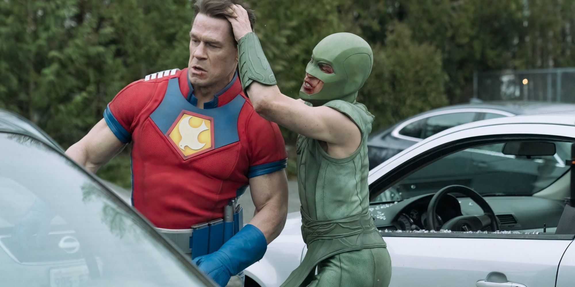 Judomaster beating up Peacemaker in the TV series Peacemaker