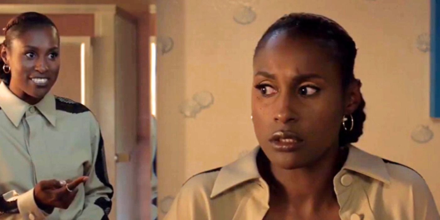 Issa looking concerned with her mirror alter ego in Insecure.
