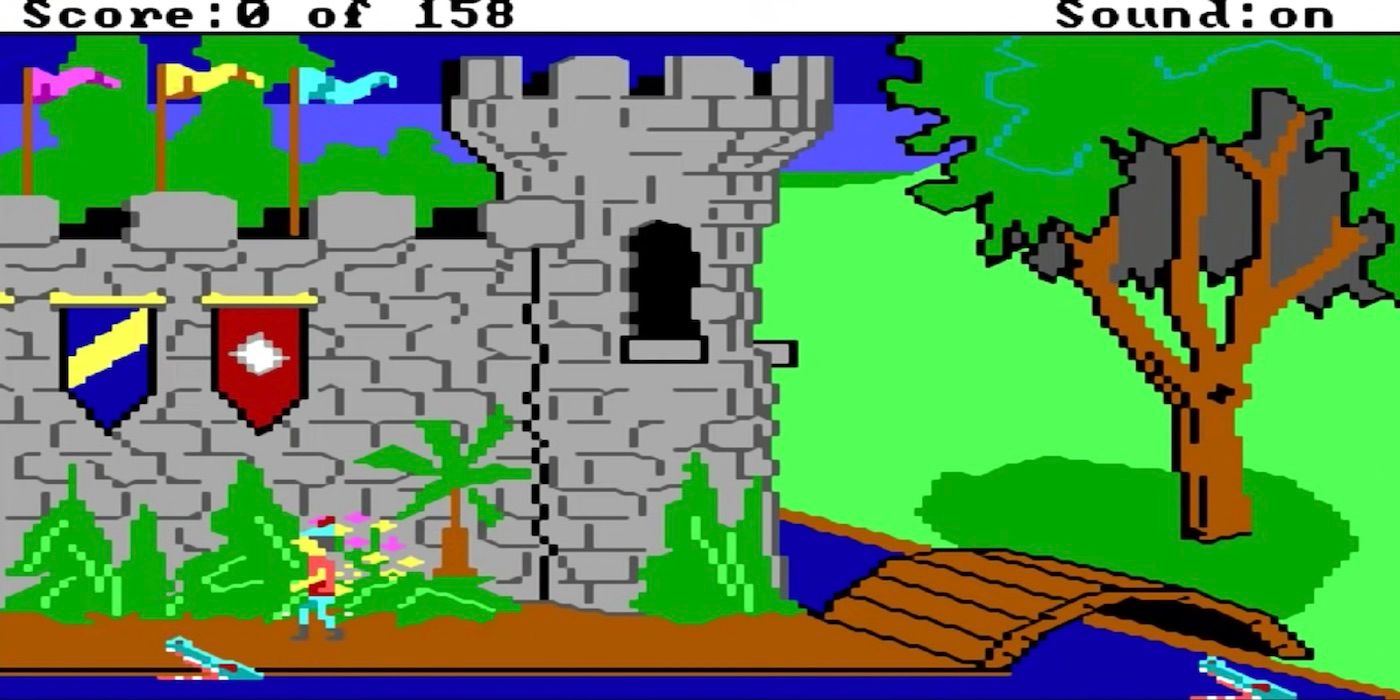 The hero walks beside a large castle in King's Quest 1984