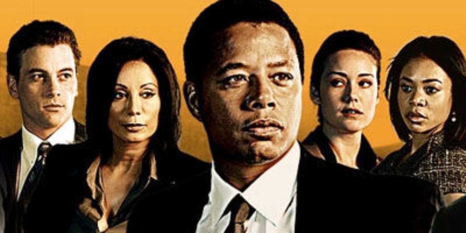 The Law & Order: LA escalado contra um fundo laranja