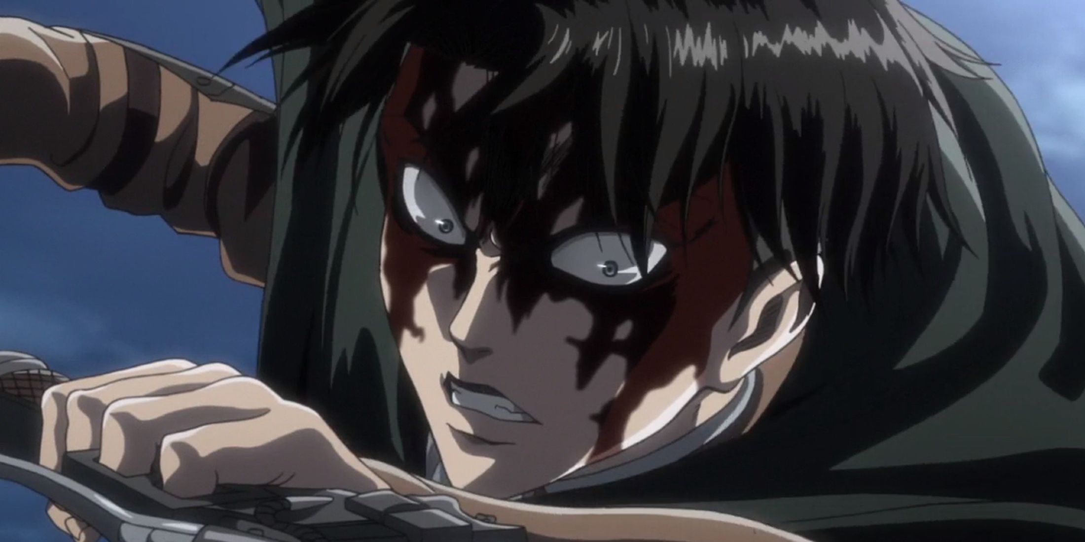 close-up de Levi com sangue escorrendo pelo rosto na batalha