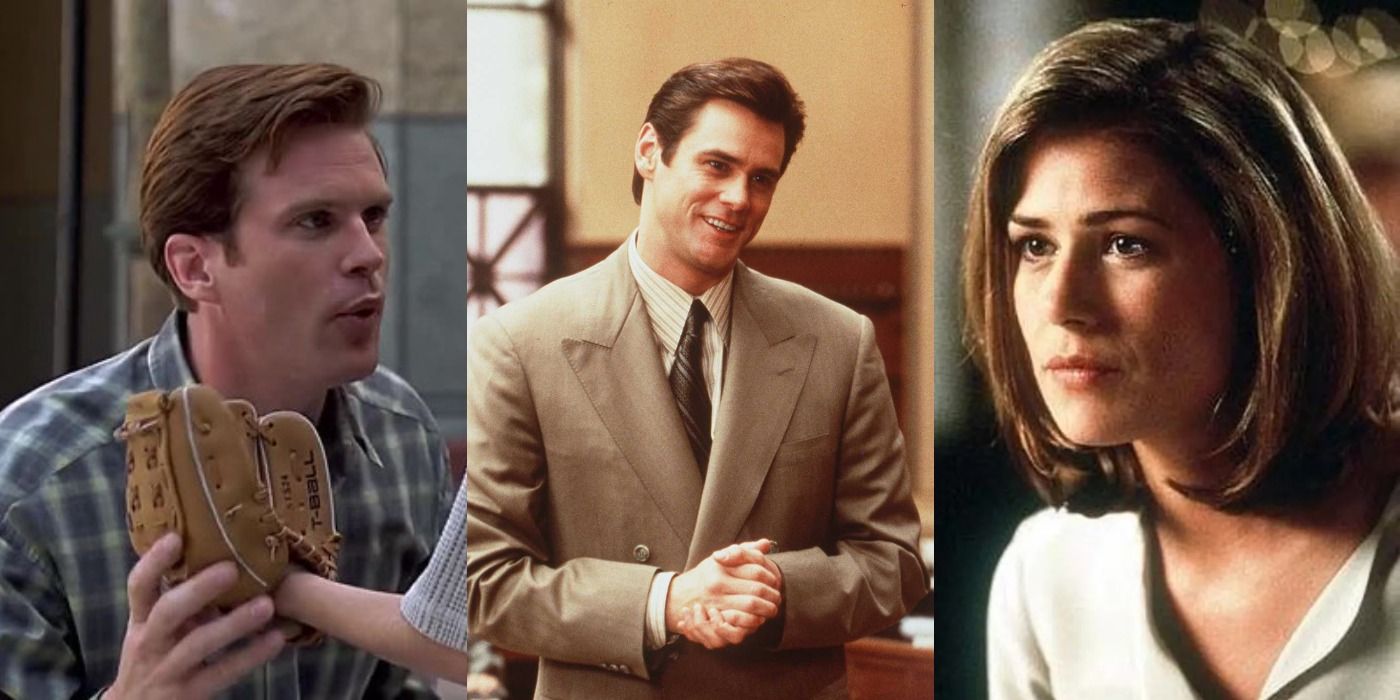 Collage of Cary Elwes, Jim Carrey, and Maura Tierney in Liar Liar.