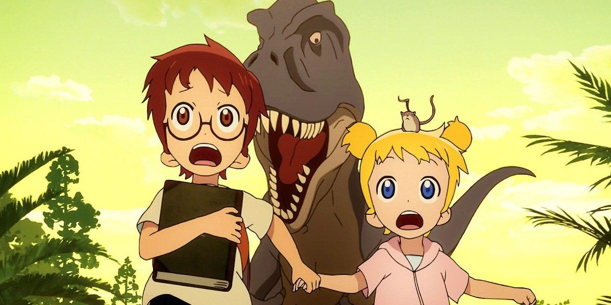 Jack and Annie run from a Tyrannosaurus Rex in the Magic Tree House anime