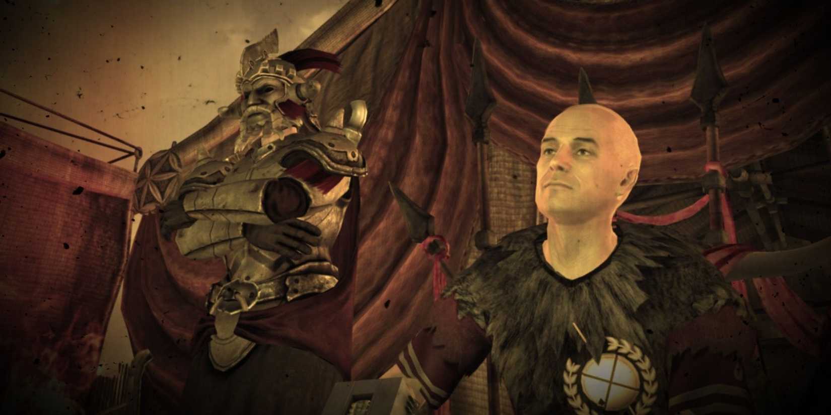 A screenshot from Fallout: New Vegas shows a haughty Caesar sitting in his throne, with the heavily armored Legate Lanius standing at his right hand.