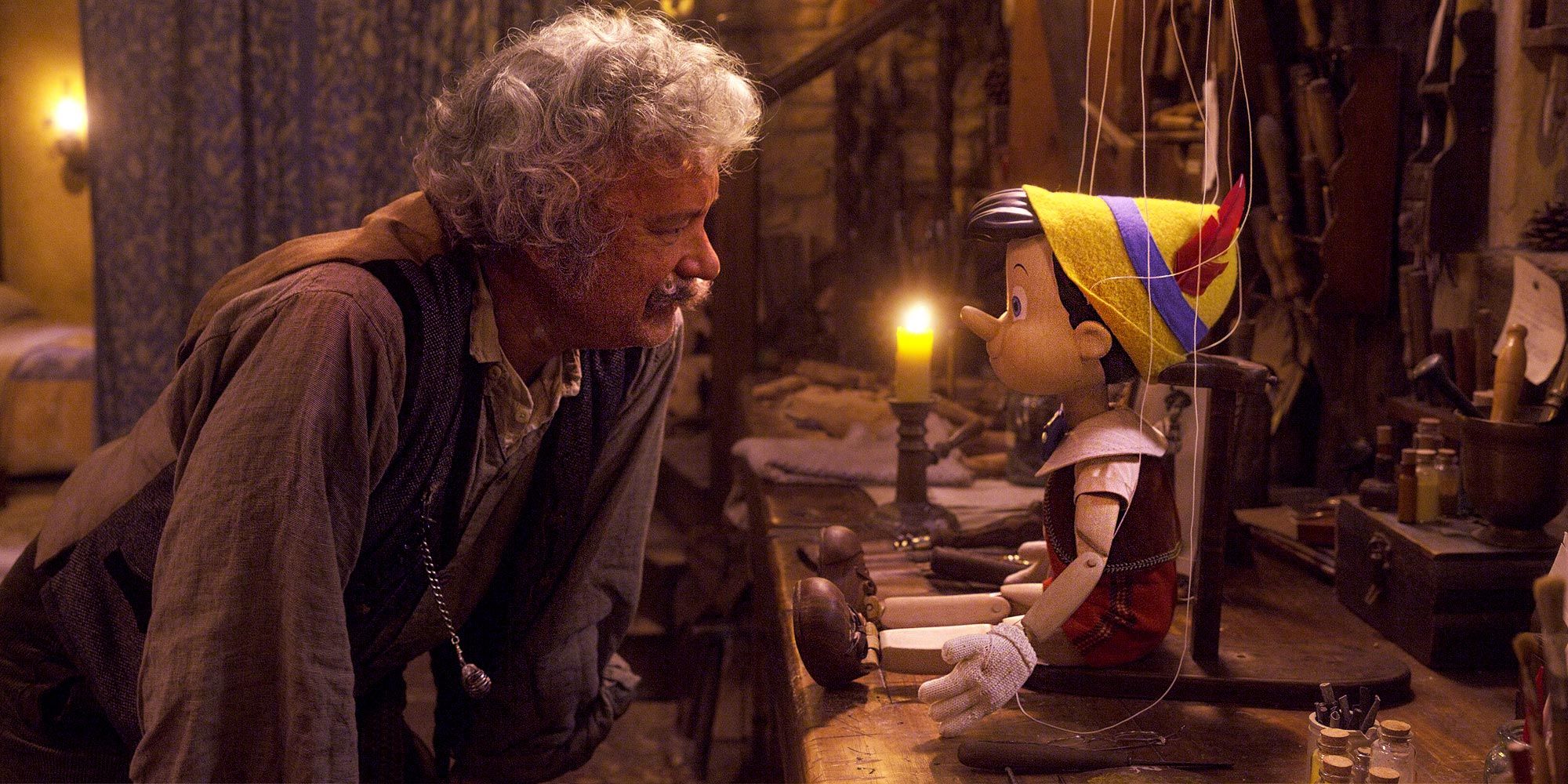 Tom Hanks as Geppetto talking to Pinocchio.