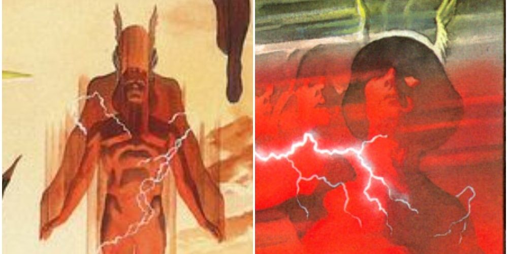 Split image of Flash on cover of Kingdom Come in the sky, and running through a single comic panel