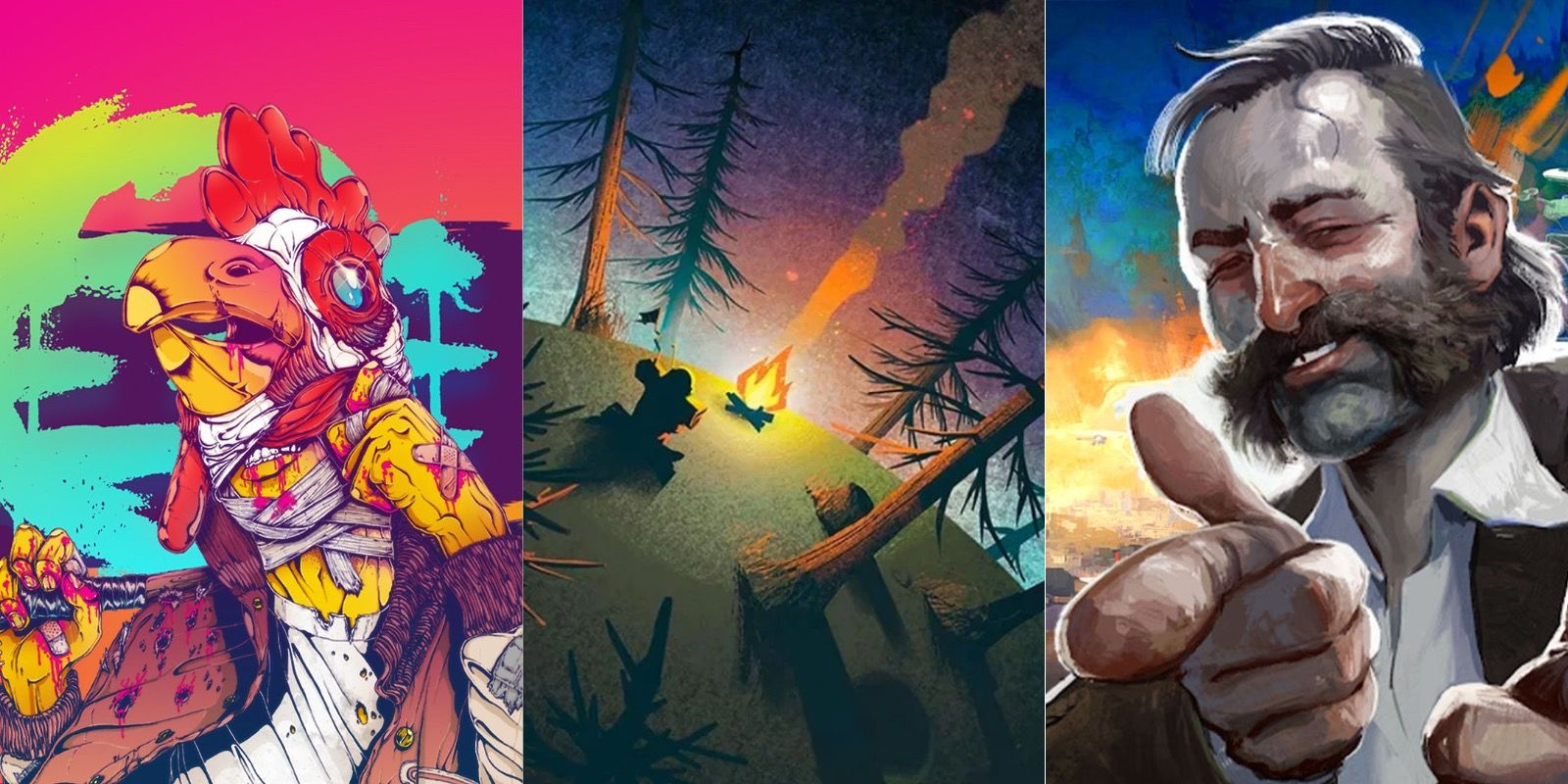 Protagonists from Hotline Miami and Disco Elysium either side of an image from Outer Wilds