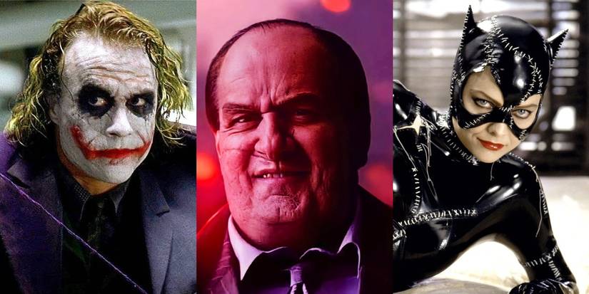 Split image of Heath Ledger's Joker, Colin Farrell's Penguin, and Michelle Pfeiffer's Catwoman