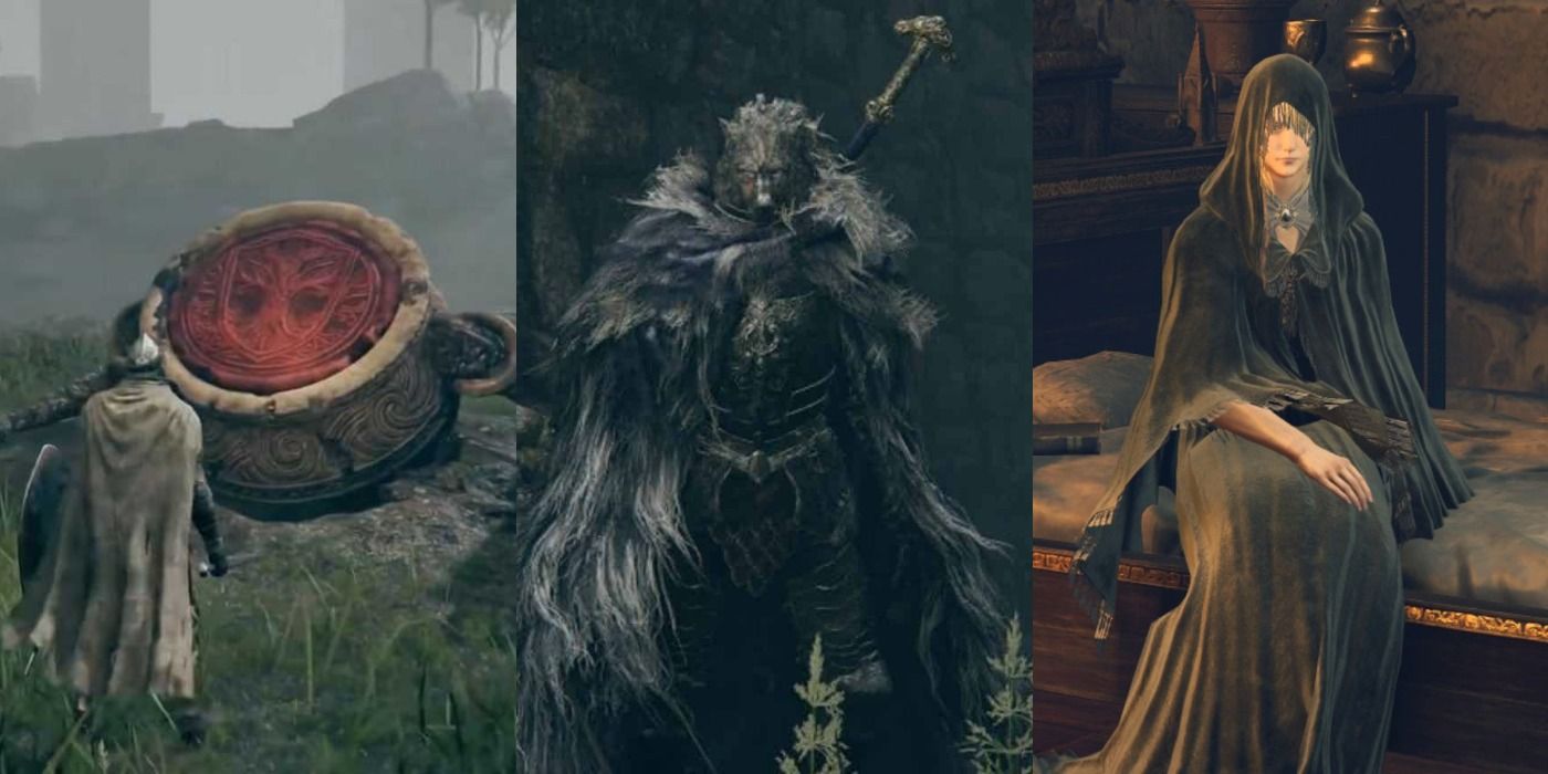Split image of Iron Fist Alexander, Blaidd, and Fia from the video game Elden Ring.