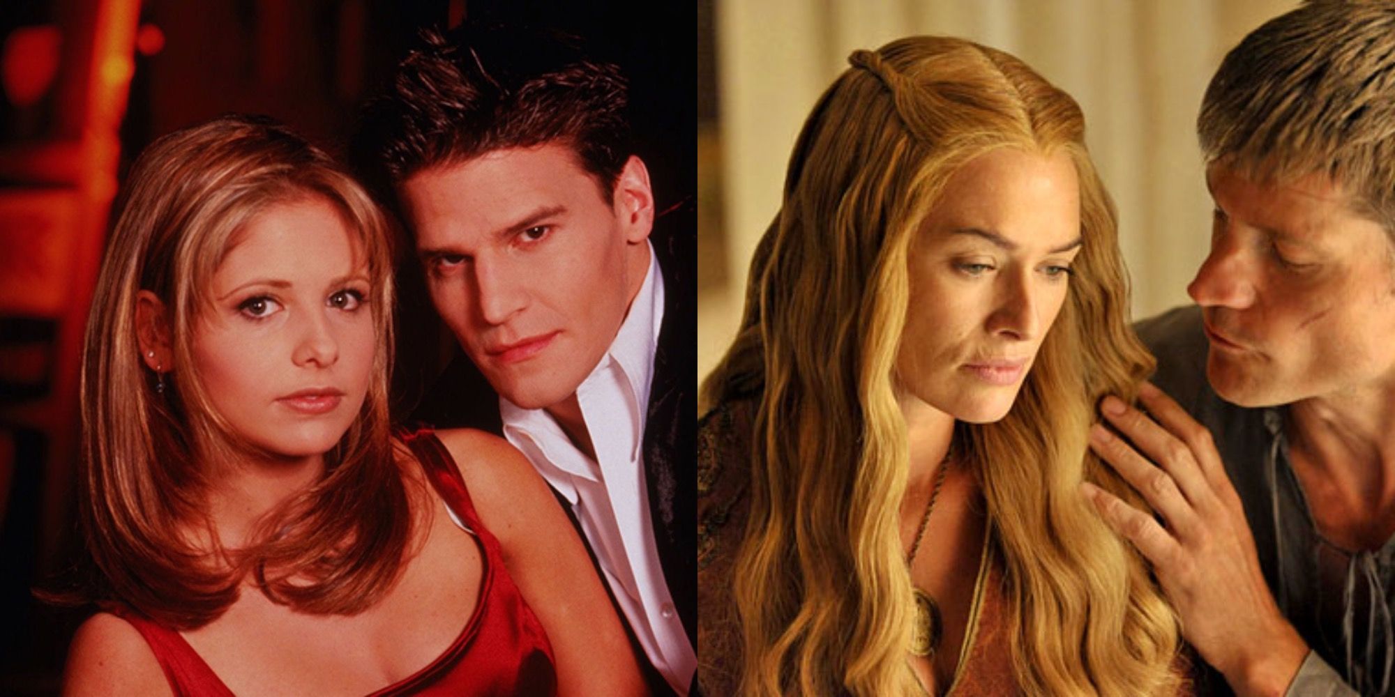 Split Image Of Promo Shots Of Buffy And Angel From Buffy The Vampire Slayer And Cersei And Jamie Lannister From Game Of Thrones