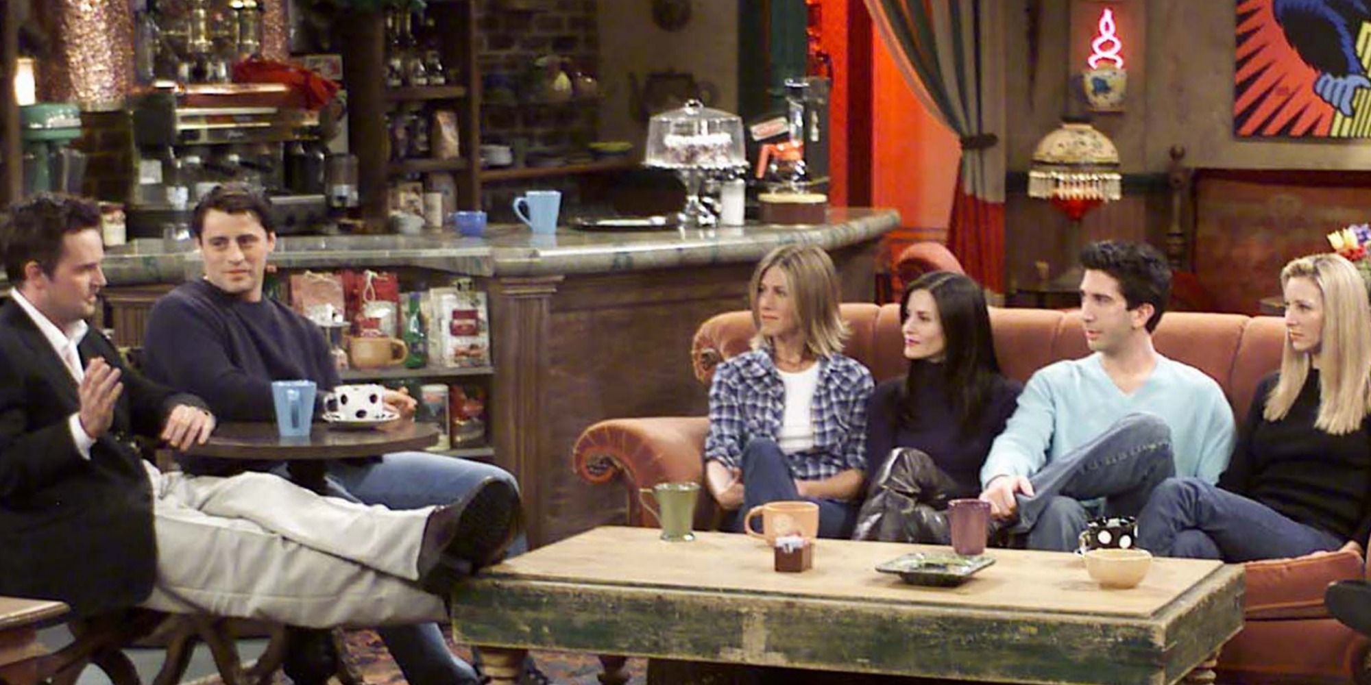 The main cast of Friends sit in Central Perk