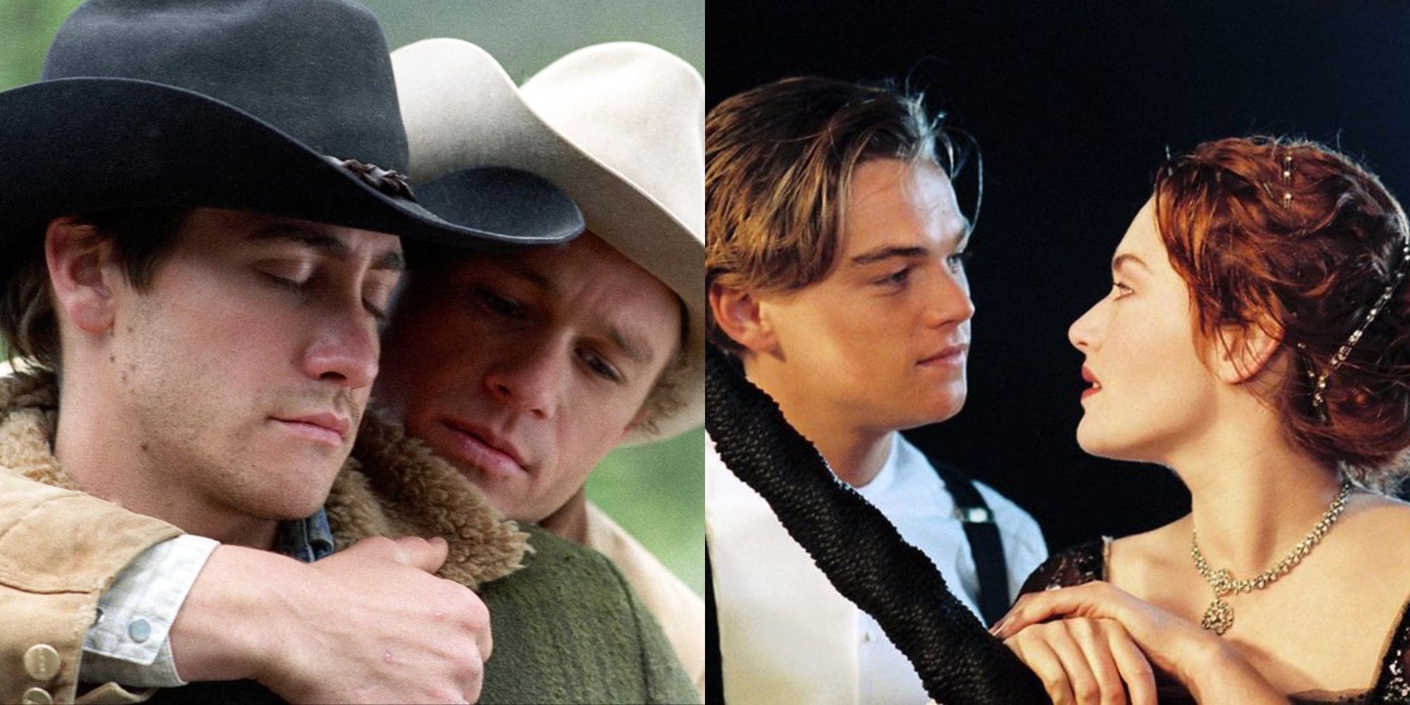 Split Image of Brokeback Mountain’s Jack and Ennis Lovingly Holding Each Other And Titanic’s Jack And Rose Looking Lovingly Into Each Other’s Eyes.