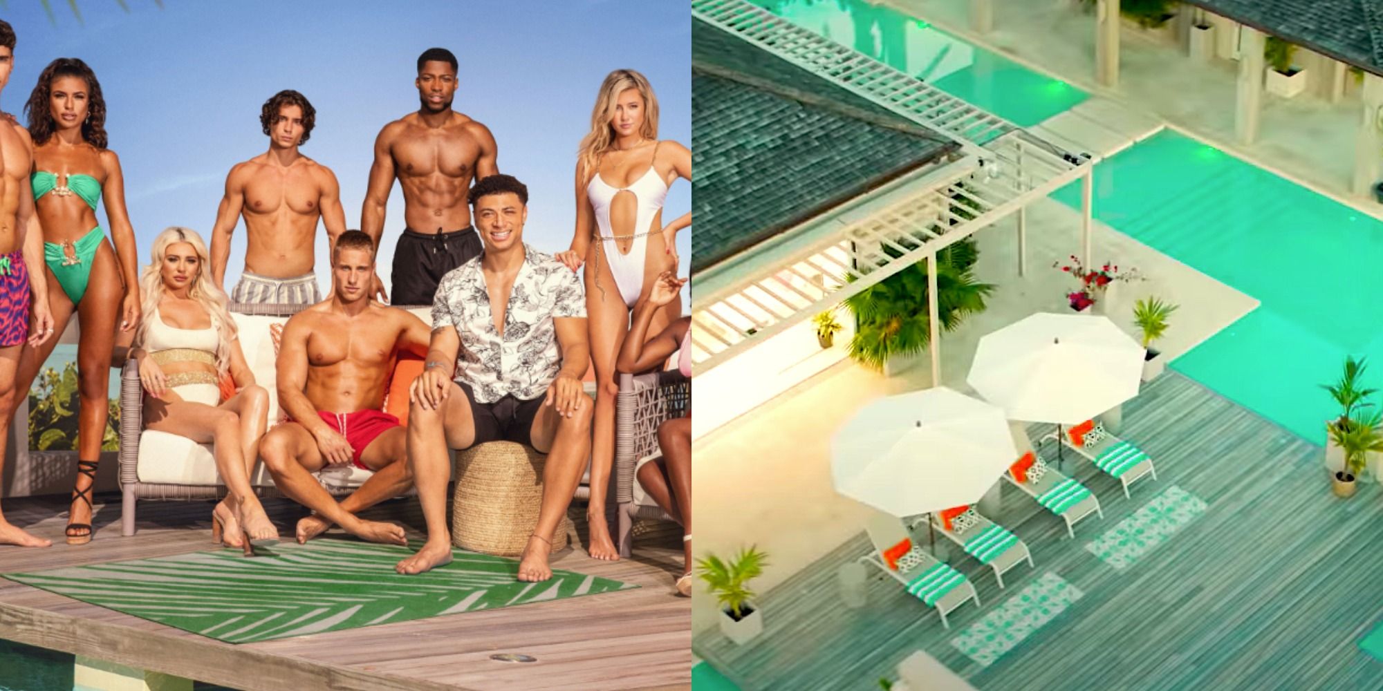 Split image of the cast of Too Hot To Handle. with the villa pool.