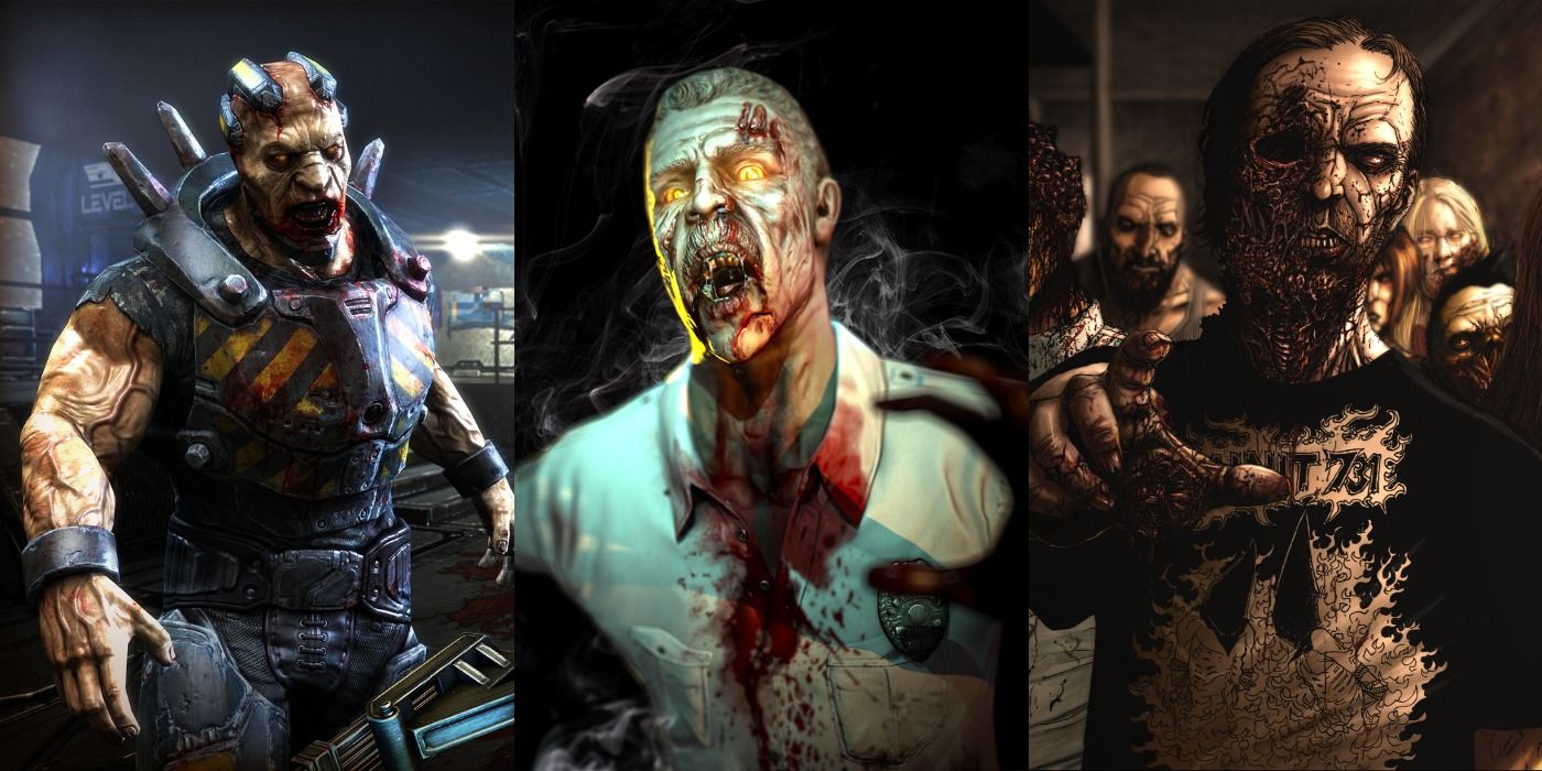 Promotional art from the video games Dead Effect, Contagion, and No More Room In Hell.